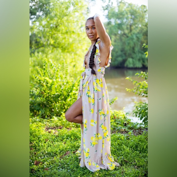 MAJORELLE Sweet Pea Dress Maxi Tan Lemon Wrap Size Small - Picture 2 of 10